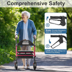 HOMLAND Foldable Rollator Walkers for Seniors with Seat, 16" Enlarged Seat | 350 lb Sturdy Frame, 16"×12" Seat 1.9" Thick, 8" Big Wheels, Adjustable Height, Tool-Free Assembly, All Terrain Mobility Aid