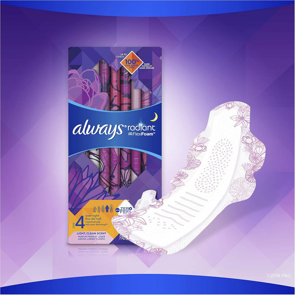 ALWAYS Radiant, Size 4, Overnight Sanitary Pads With Wings, Scented, 20 Count