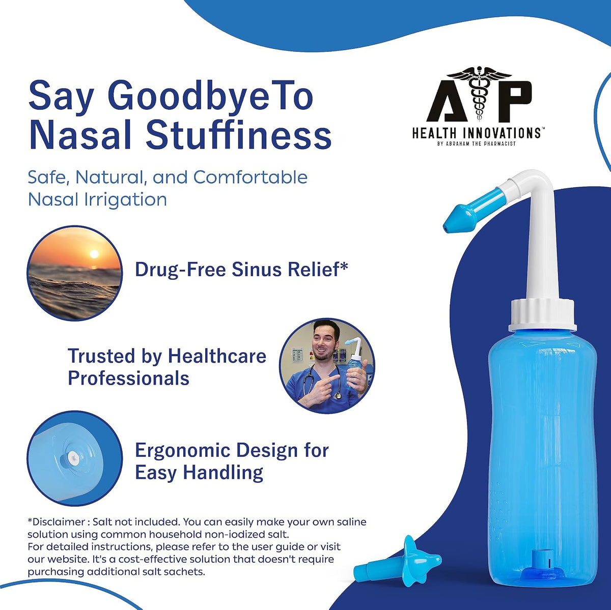 Neti Pot Sinus Rinse Bottle for Natural Sinus Relief - Nose Wash Cleaner Pressure Rinse for Adult & Kid - Nasal Irrigation System by Abraham The Pharmacist