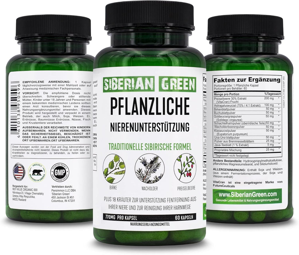 Siberian Green Herbal Kidney Detox 60 Capsules – Cranberry Birch Juniper Traditional Siberian Formula