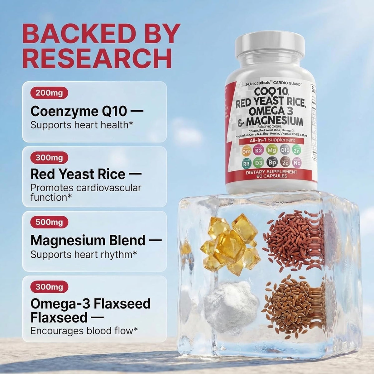 Clean Nutraceuticals COQ10 200mg Red Yeast Rice Omega 3 Magnesium Complex 500mg Niacin Zinc Vitamin K2 D3 - Heart Support Vitamins for Women & Men w/Vitamin B3, Coenzyme Q10-60 Ct