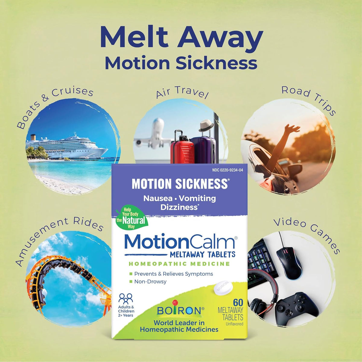 Boiron MotionCalm Relief for Nausea, Vomiting, or Dizziness associated with Motion Sickness Due to Travel, Amusement Rides, and Video Games or VR - Non-Drowsy - 60 Count