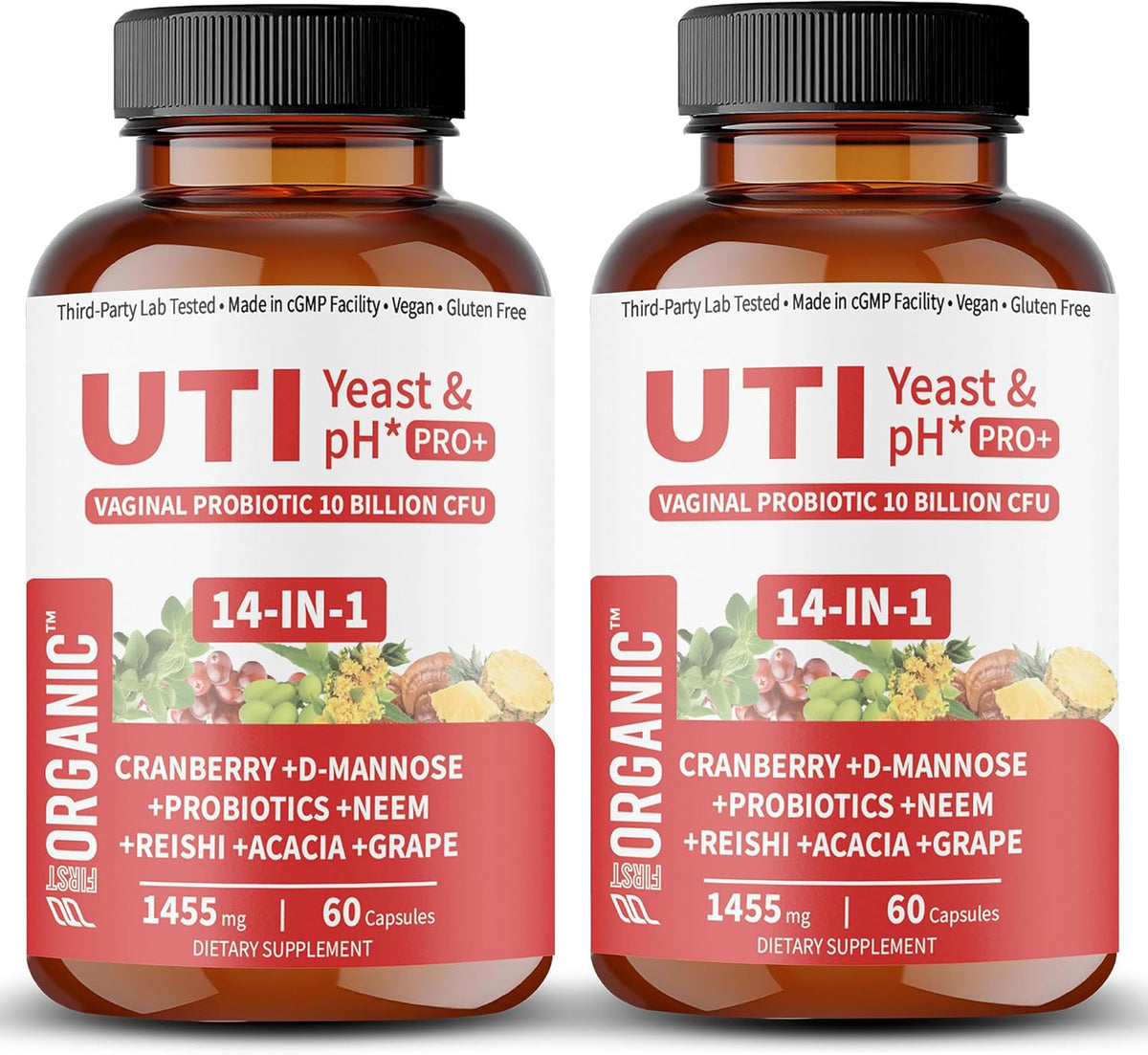 UTI Yeast & pH Pro+ | Pack of 2 | Daily Feminine Hydration & Balance Support with Cranberry, D-Manose, Aloe, Hibiscus | Third-Party Tested, cGMP Facility, Vegan, Gluten-Free | 60+60 Caps
