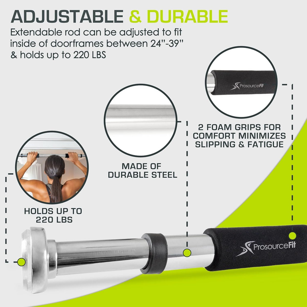 ProsourceFit Heavy Duty Doorway Mount Pull Up/Chin-Up Bar, Adjustable with Foam Grips for Home Workouts