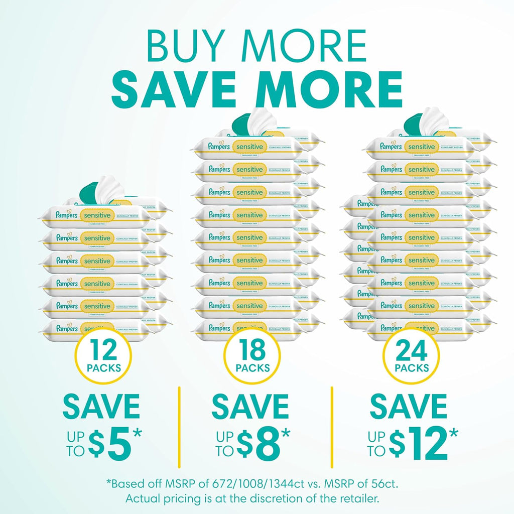 Pampers Sensitive Baby Wipes, Clinically Proven, Fragrance Free, Unscented, Water Based, Hypoallergenic, Multi-Use, Hand Wipes 1344 Wipes Total (24X Flip-Top Packs) [Packaging May Vary]