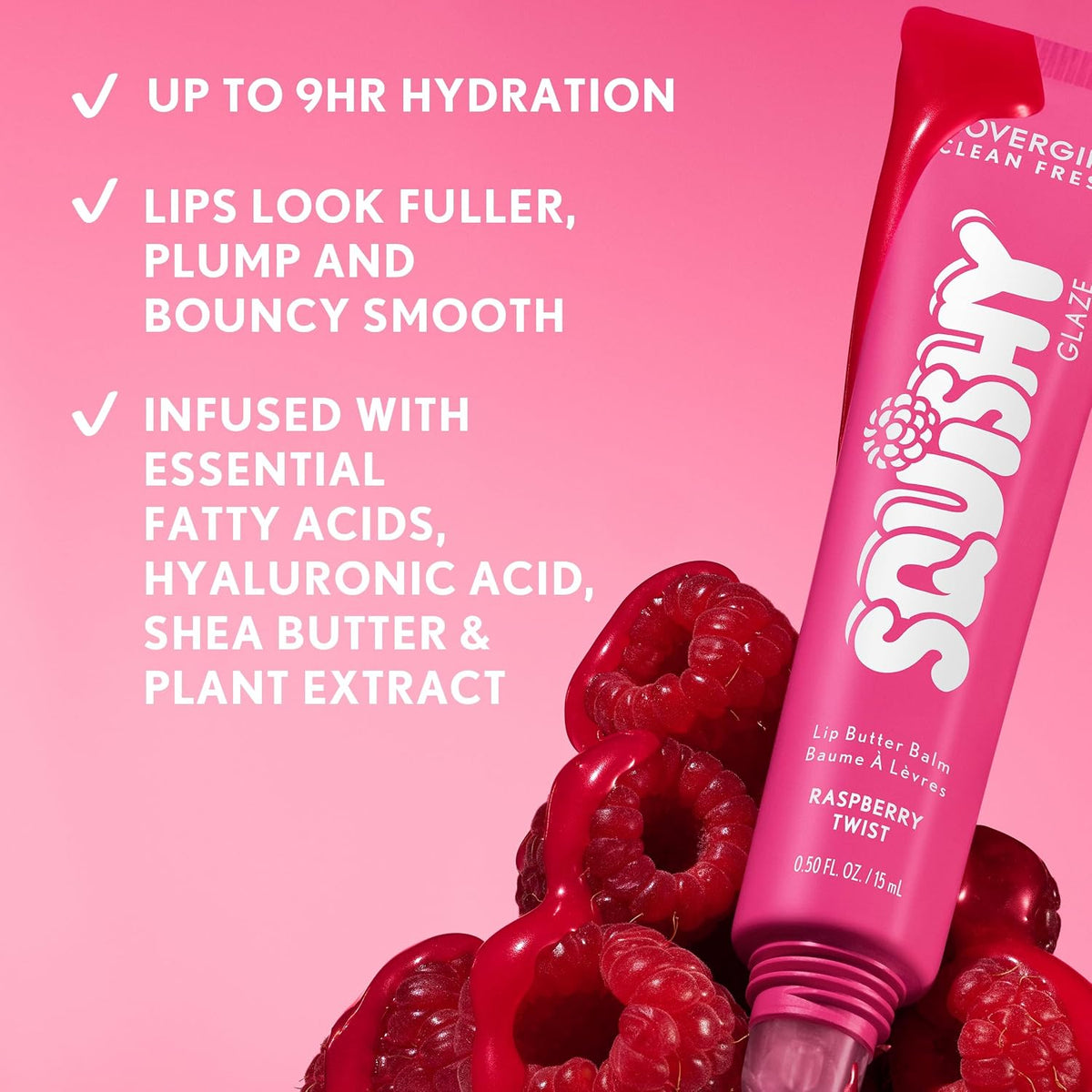 COVERGIRL Clean Fresh Squishy Glaze™ Lip Butter Balm, Flavored, Non-Sticky, with Vitamin E & Shea Butter – 100 Raspberry Twist (Sheer Fuchsia)