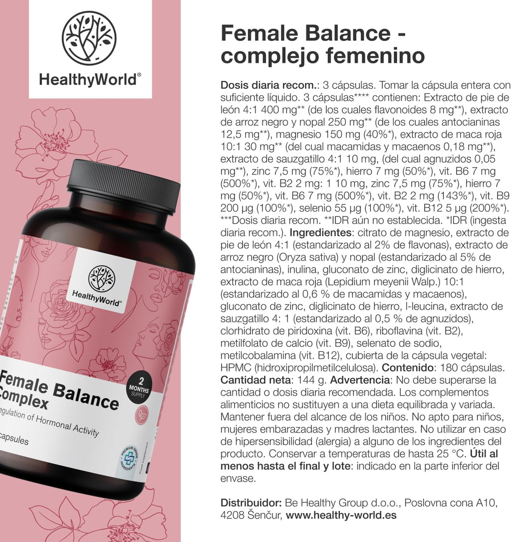 HealthyWorld Female Balance - Hormone Balance - Female Complex - Menstrual Cycle Support - 180 Vegetable Capsules - 12 Active Ingredients - With Vitamins and Minerals