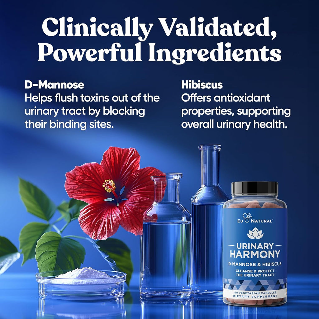 Eu Natural Urinary Harmony D-Mannose Supplement - Urinary Tract Health for Women - Fast-Acting Urinary Cleanse & Flush with Clinical-Strength D-Mannose & Hibiscus - 60 Capsules
