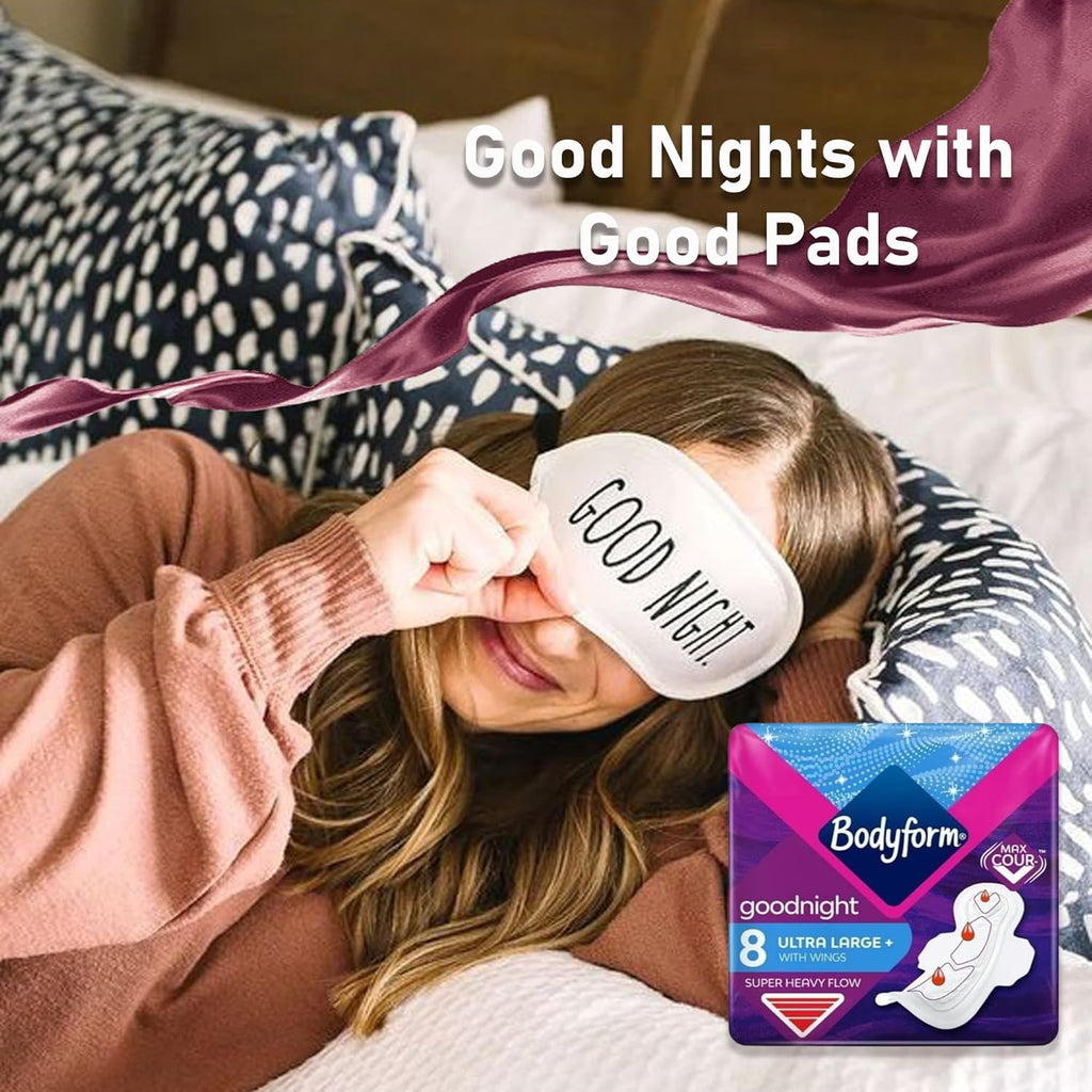Bodyform Ultra Goodnight Winged Sanitary Pads for Women, Super Heavy Flow, Night Use, 48 Pads, 6 Packs of 8 Period Pads, Cour-V Ultra Night Series, Absorption