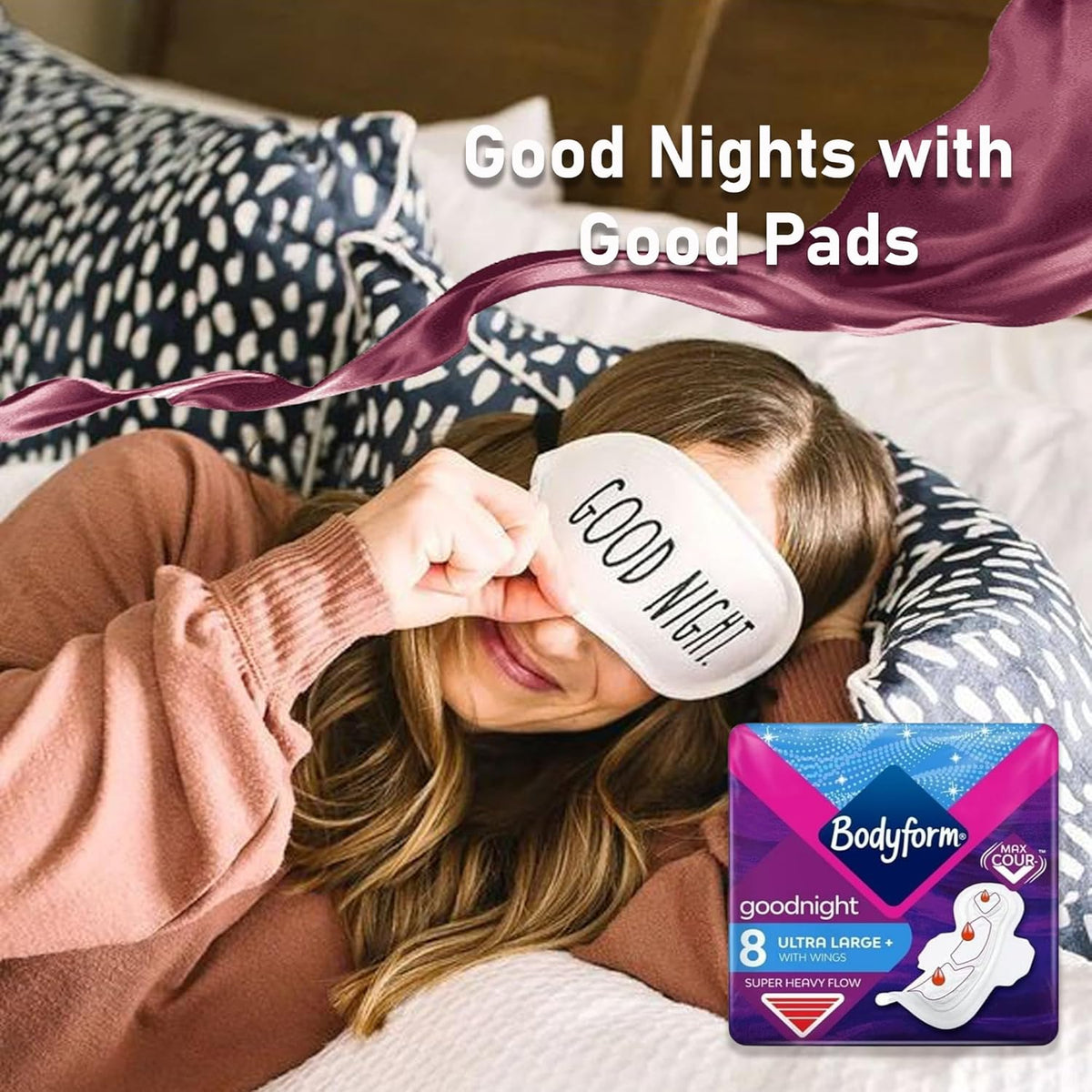 Bodyform Ultra Goodnight Winged Sanitary Pads for Women, Super Heavy Flow, Night Use, 48 Pads, 6 Packs of 8 Period Pads, Cour-V Ultra Night Series, Absorption