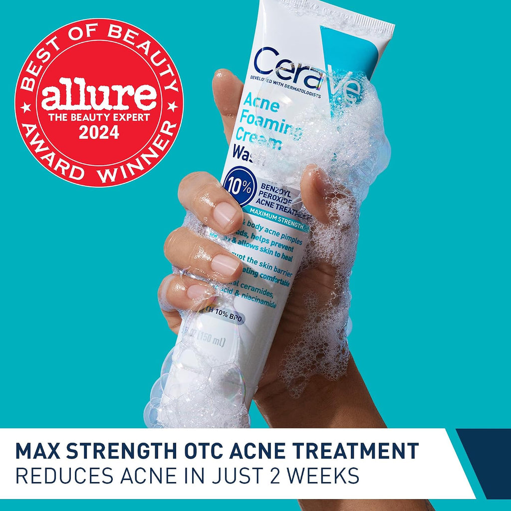 CeraVe Acne Foaming Cream Wash, 10% Benzoyl Peroxide Facial Cleanser, 5oz | 10% Benzoyl Peroxide Cleanser with Hyaluronic Acid and Niacinamide Clears Pimples and Acts As A Blackhead Remover