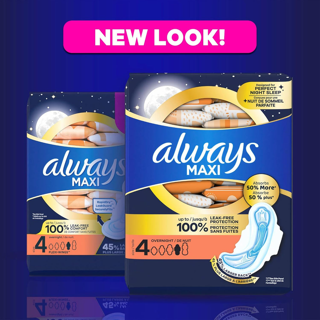Always Maxi Overnight Pads with Wings for Women, Size 4, Overnight Absorbency, Unscented, 33 Count