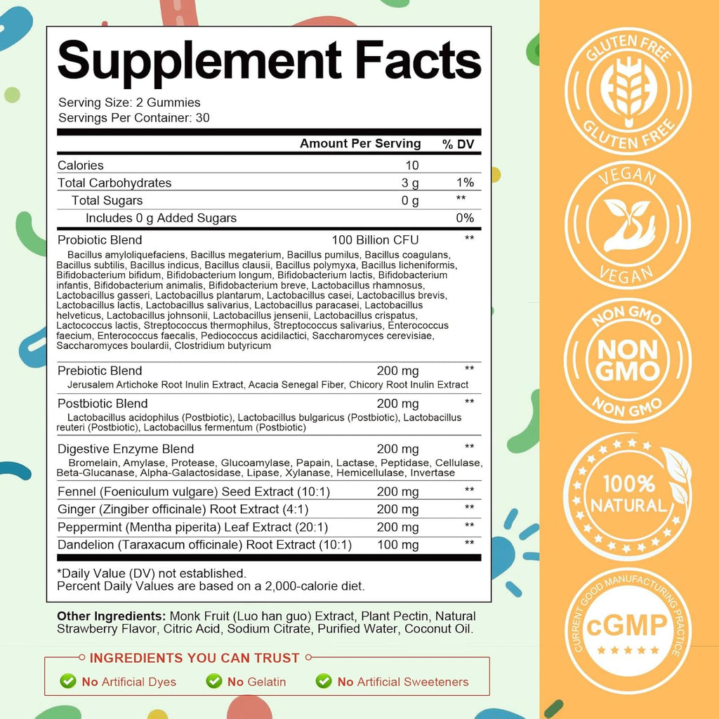 Totaria Sugar Free 5-in-1 Probiotic Prebiotic Postbiotic Gummy, 36 Strains Probiotics for Women Men with Digestive Enzymes, Peppermint, Complete Immune, Gut & Digestive Support, Vegan, 60 Counts