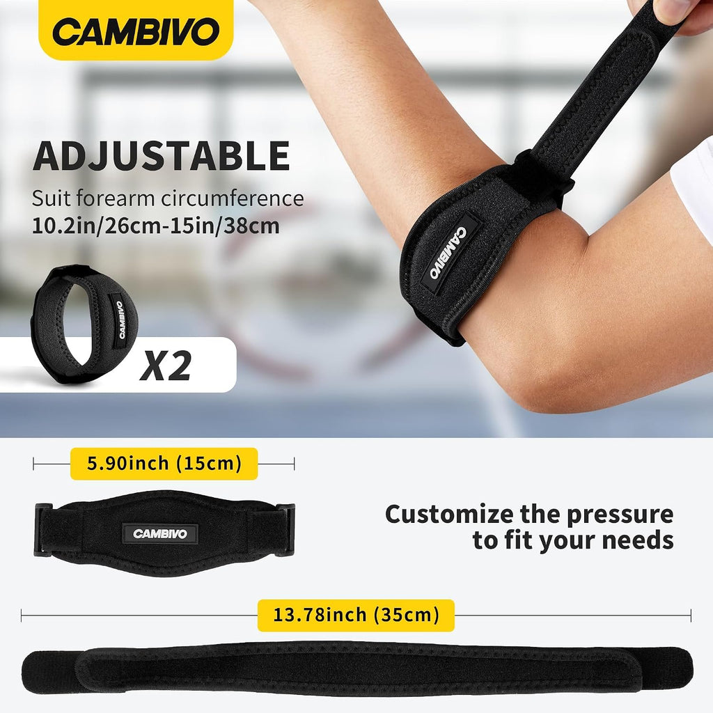 CAMBIVO 2 Pack Tennis Elbow Brace Strap for Tendonitis, Black | EVA Compression Pad, Adjustable Strap with Premium Velcro, for Men and Women, Golfer's Elbow, Counterforce Brace, Breathable