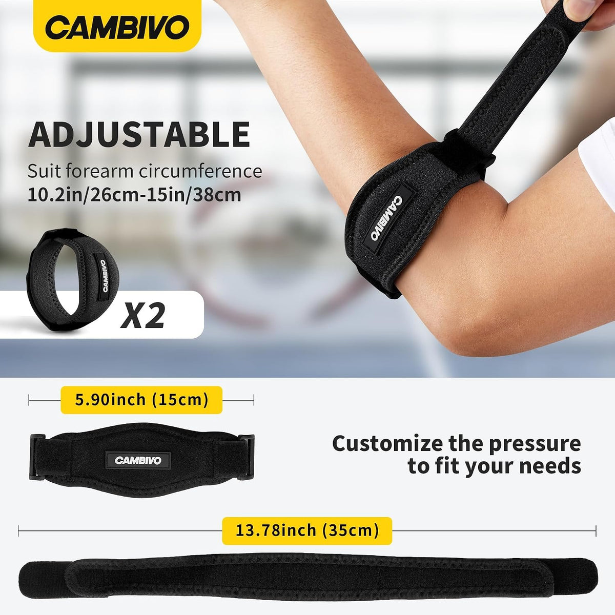 CAMBIVO 2 Pack Tennis Elbow Brace Strap for Tendonitis, Black | EVA Compression Pad, Adjustable Strap with Premium Velcro, for Men and Women, Golfer's Elbow, Counterforce Brace, Breathable