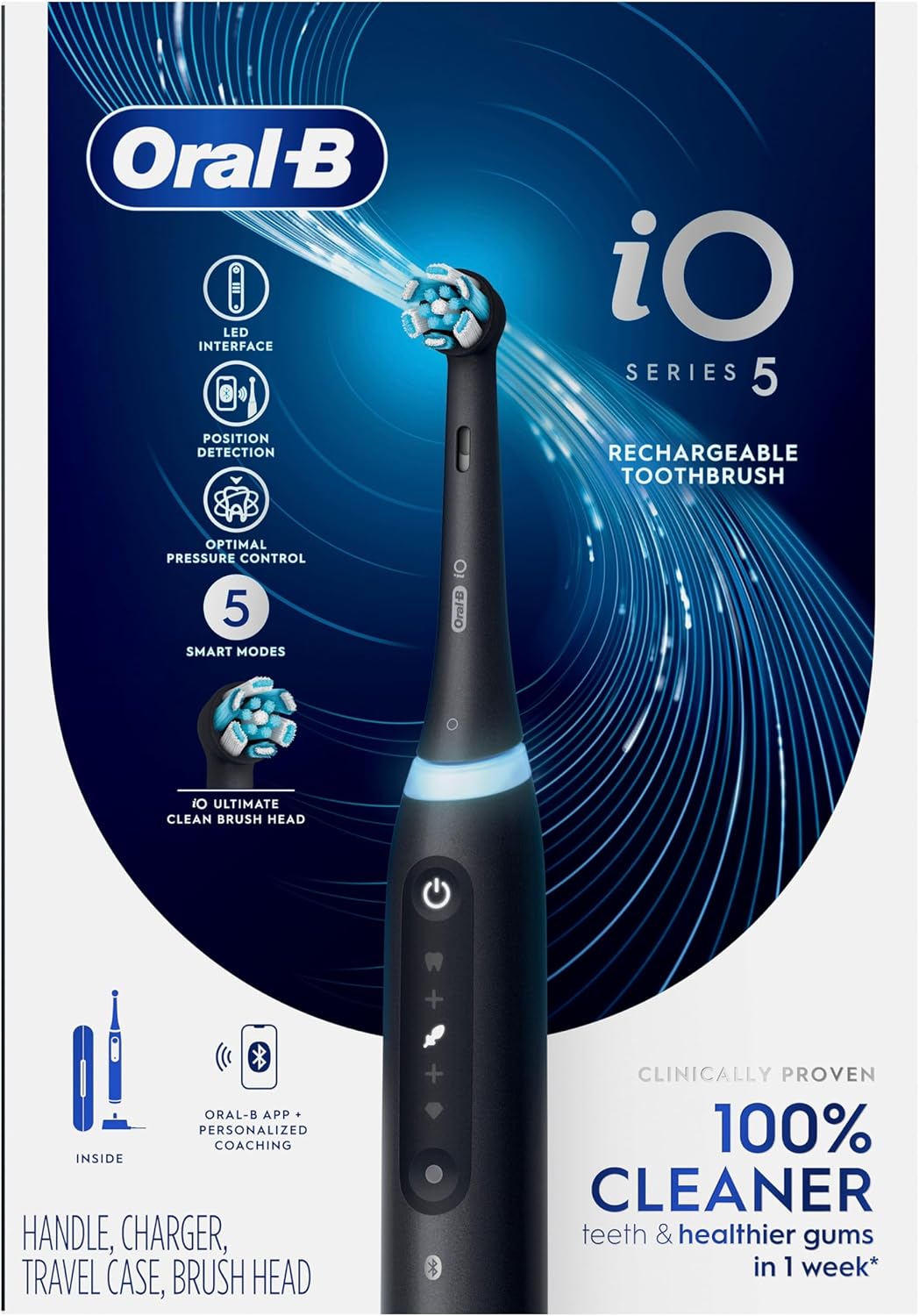 Oral-B Rechargeable Electric Toothbrush, iO5 Customizable Clean, 5 Cleaning Modes, Visual Pressure Sensor to Protect Gums, Travel Case, Black