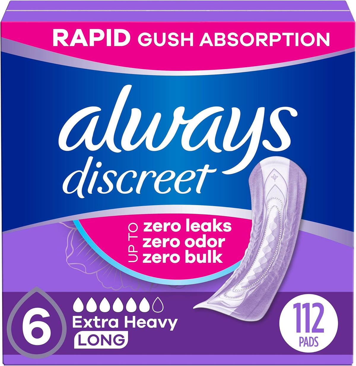 Always Discreet Adult Incontinence Pads for Women, Drier, 6 Drop Long Length, Extra Heavy Absorbency, Pads for Bladder Control Management, Bladder Leaks, & Postpartum Pads, 112ct