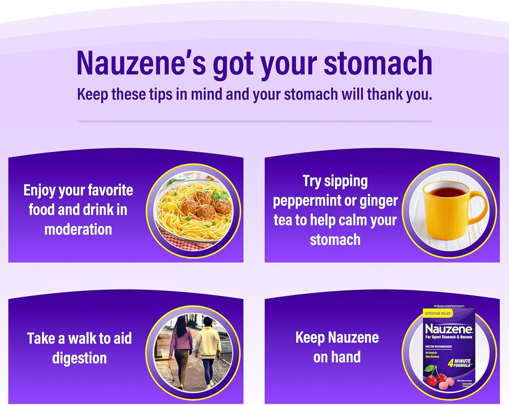 Nauzene Non-drowsy Upset Stomach & Nausea Relief Chewable Tablets - Fast-Acting Relief in 4 Minutes - Doctor Recommended - Wild Cherry Flavor, 42 ct
