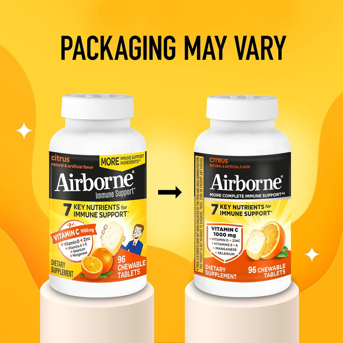 Airborne Vitamin C 1000mg (per Serving) - Citrus Chewable Tablets (96 Count in a Box) - Packaging May Vary