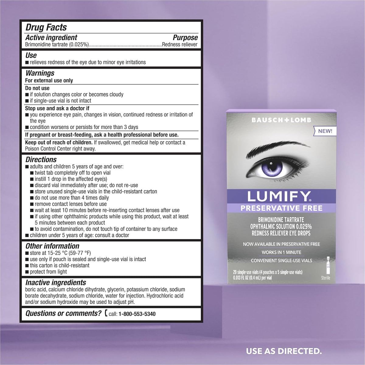 Lumify Preservative Free Eye Drops Redness Relief, Sensitive Eyes, 20 Vials