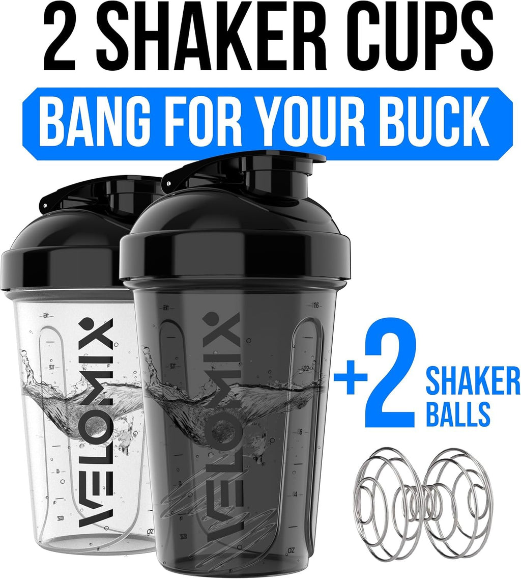 VELOMIX 2 Pack 20oz Protein Shaker Bottle for Protein Mixes, Black/Transpar | 2x Wire Whisk, Leak Proof Shaker Cups for Protein Shakes, Stackable, Dishwasher safe, BPA free, Pre Workout and Fitness ready