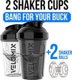 VELOMIX 2 Pack 20oz Protein Shaker Bottle for Protein Mixes, Black/Transpar | 2x Wire Whisk, Leak Proof Shaker Cups for Protein Shakes, Stackable, Dishwasher safe, BPA free, Pre Workout and Fitness ready