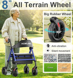 HOMLAND Foldable Rollator Walkers for Seniors with Seat, 17 lb Lightweight | 8" All-Terrain Rubber Wheels, Reinforced Aluminum Frame, Cup Holder, 16'' Enlarged Seat, Height Adjustable, Easy Assembly
