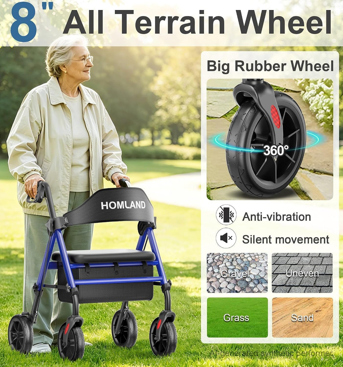 HOMLAND Foldable Rollator Walkers for Seniors with Seat, 17 lb Lightweight | 8" All-Terrain Rubber Wheels, Reinforced Aluminum Frame, Cup Holder, 16'' Enlarged Seat, Height Adjustable, Easy Assembly