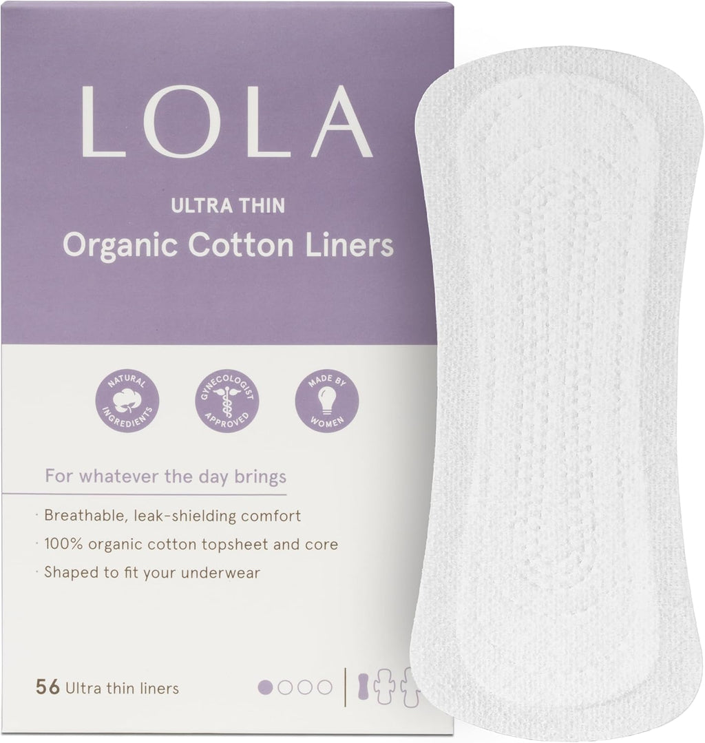 LOLA Ultra-Thin Cotton Panty Liners for Women - Hypoallergenic Panty Liners & Daily Light Pads - Unscented Organic Pads for Women - Pack of 56, 6.5 in