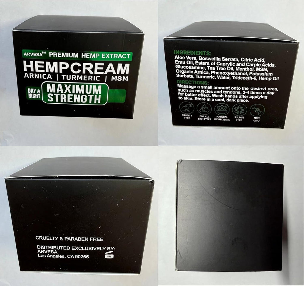 Hemp Cream Maximum Strength with Arnica, MSM, Glucosamine, Turmeric