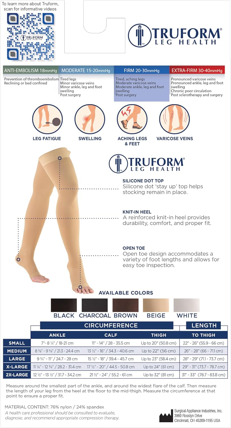 Truform 20-30 mmHg Compression Stockings for Men and Women, Thigh High Length, Dot-Top, Open Toe
