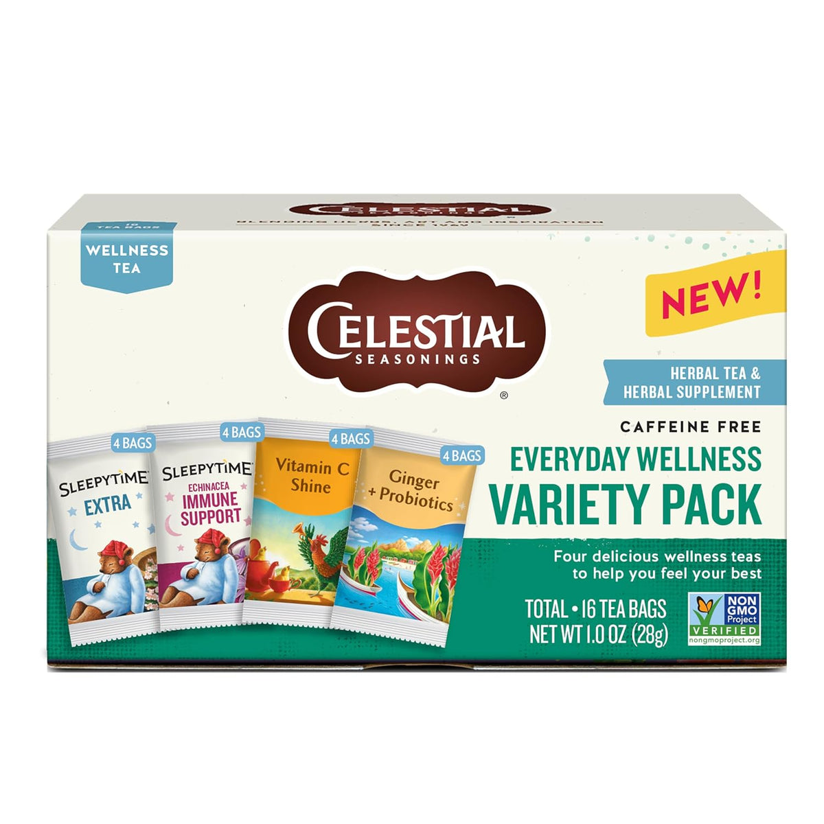 Celestial Seasonings Everyday Wellness Tea Variety Pack, Caffeine Free, 16 Tea Bags Box