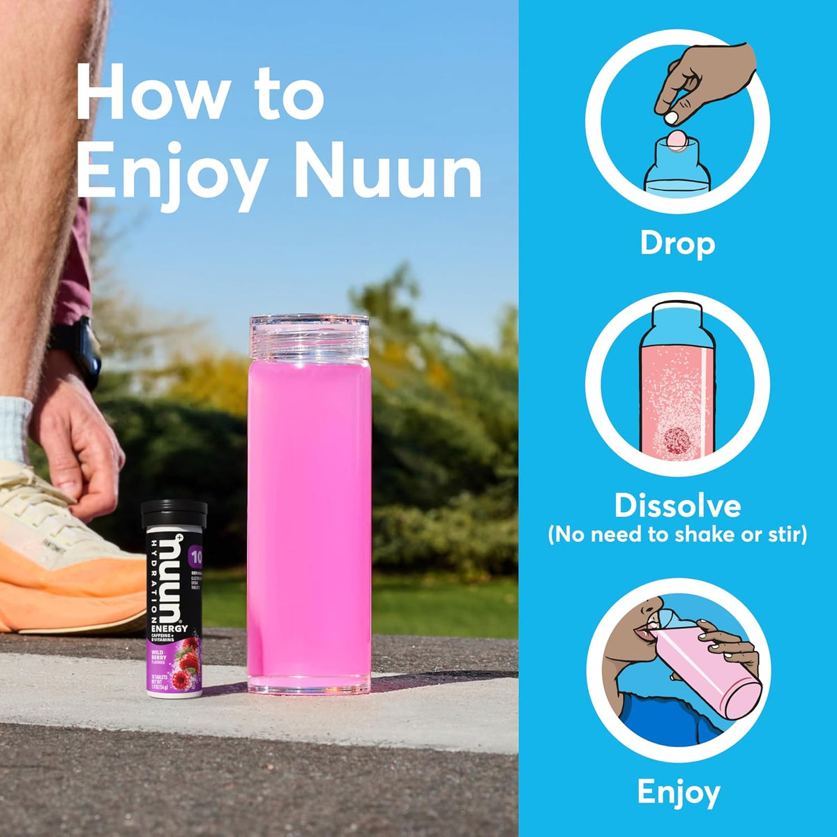 Nuun Energy Caffeine + B Vitamins Wild Berry, GF & Vegan, 8 Pack | 80 Servings with Caffeine from Green Tea Extract, Magnesium & 4 Other Electrolytes, Gluten Free, Vegan
