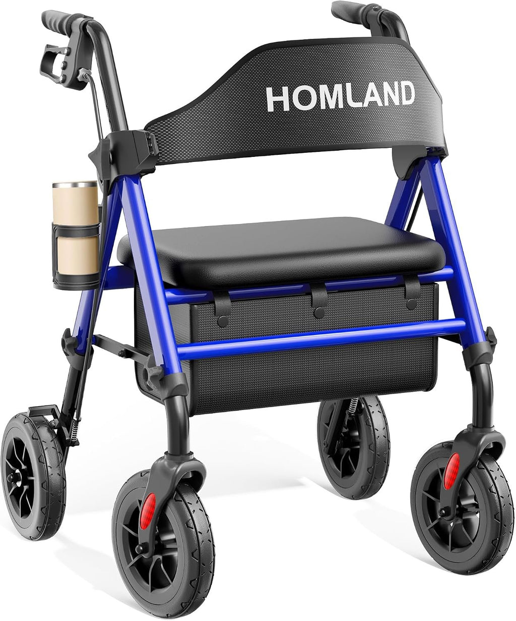 HOMLAND Foldable Rollator Walkers for Seniors with Seat, 17 lb Lightweight | 8" All-Terrain Rubber Wheels, Reinforced Aluminum Frame, Cup Holder, 16'' Enlarged Seat, Height Adjustable, Easy Assembly