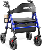 HOMLAND Foldable Rollator Walkers for Seniors with Seat, 17 lb Lightweight | 8" All-Terrain Rubber Wheels, Reinforced Aluminum Frame, Cup Holder, 16'' Enlarged Seat, Height Adjustable, Easy Assembly