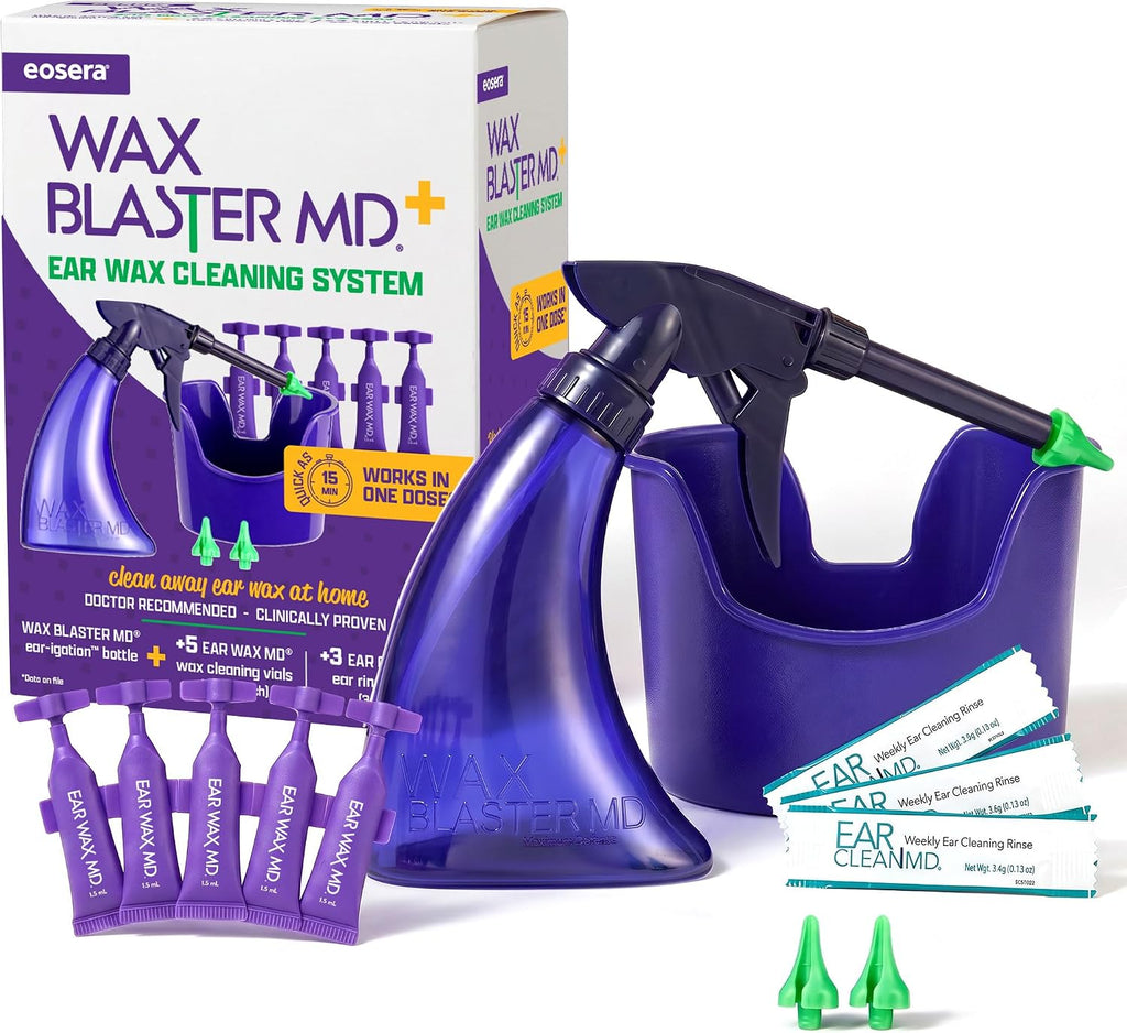 eosera Wax Blaster MD+ Ear Wax Cleaning System | Includes 5 Single-Use Vials and 3 Premixed Packets - Complete Earwax Irrigation Kit for Stubborn and Routine Ear Cleaning