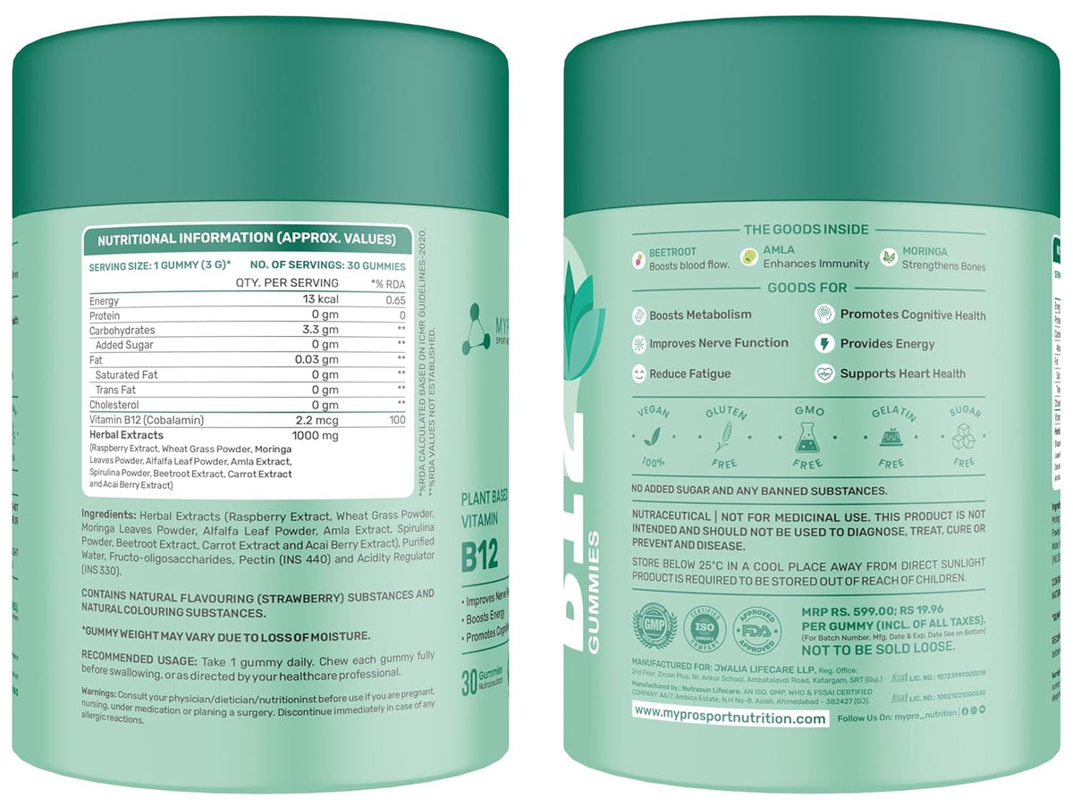 Mypro Sport Nutrition Plant Based Vitamin B12 Gummies | With Moringa, Amla Spirulina With 9 Herbals Extract |Nervous System Support | Boosts Energy | for Men & Women Strawberry Flavour (30 count (Pack of 1))