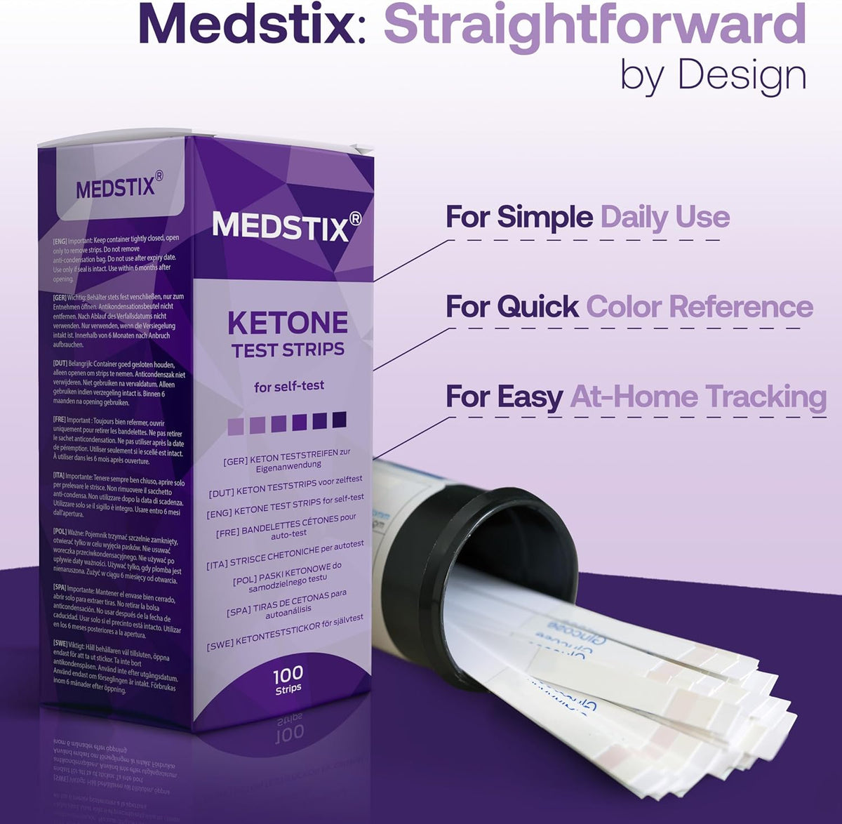 100 Ketone Test Strips for Self-Testing – Urine | Results in 45 seconds · color chart for easy reading · 100-count tube for home, travel and daily use