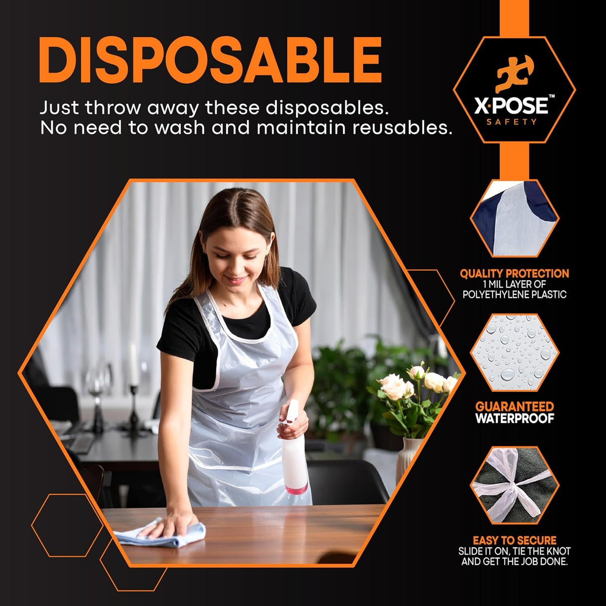 Xpose Safety 100 Pack White Disposable Aprons, Individually Wrapped Waterproof Polyethylene for Cooking, Food Prep and Cleaning, 1 Mil Durable, 24" x 48"
