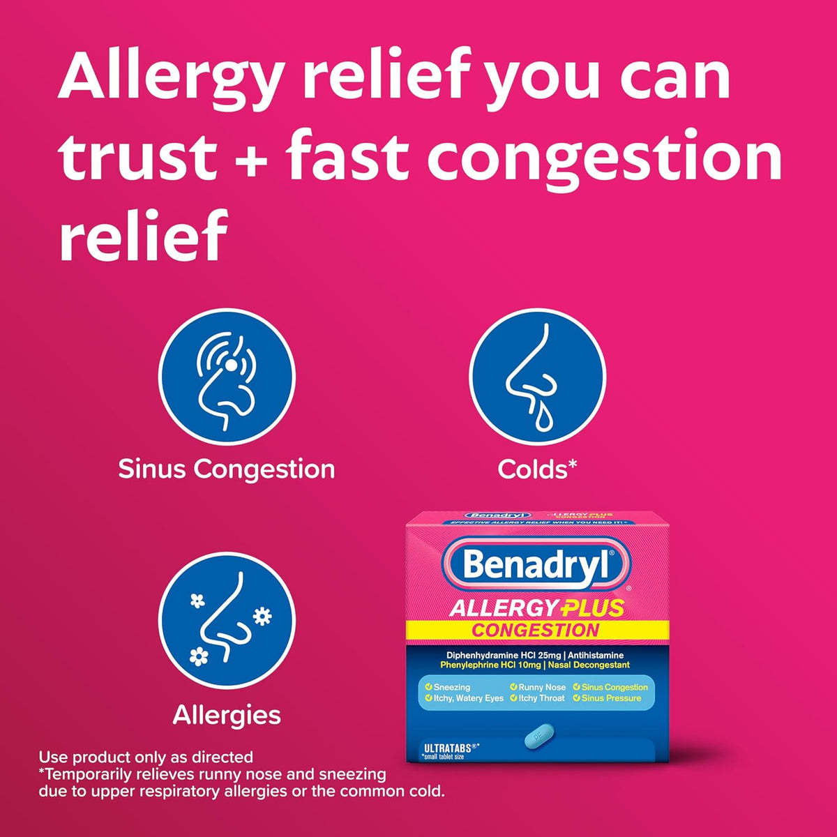 Benadryl Allergy Plus Congestion Ultratabs, 24 ct | Diphenhydramine HCl Antihistamine and Phenylephrine HCl Nasal Decongestant, Allergy & Sinus Congestion Relief Tablets