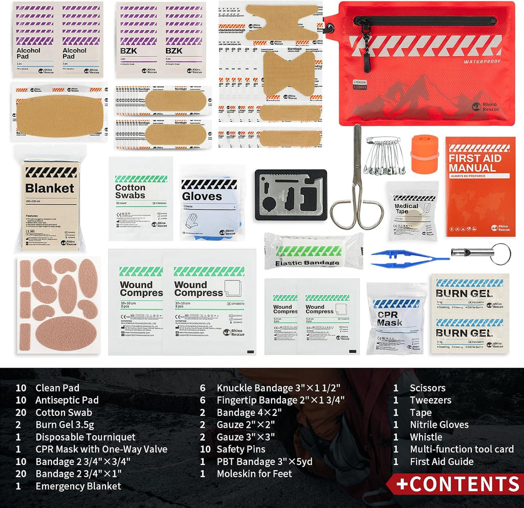 RHINO RESCUE Waterproof First Aid Kit, 114pc Ultralight Compact Gear | Medical Kit for Backpacking, Cycling, Travel, Vehicles, Climbing, Easy to Carry in a Carry-on