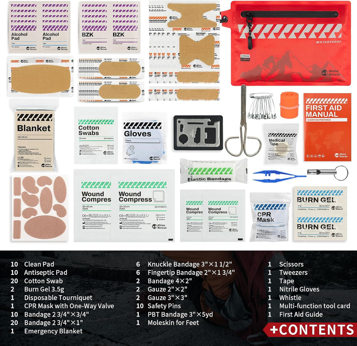 RHINO RESCUE Waterproof First Aid Kit, 114pc Ultralight Compact Gear | Medical Kit for Backpacking, Cycling, Travel, Vehicles, Climbing, Easy to Carry in a Carry-on