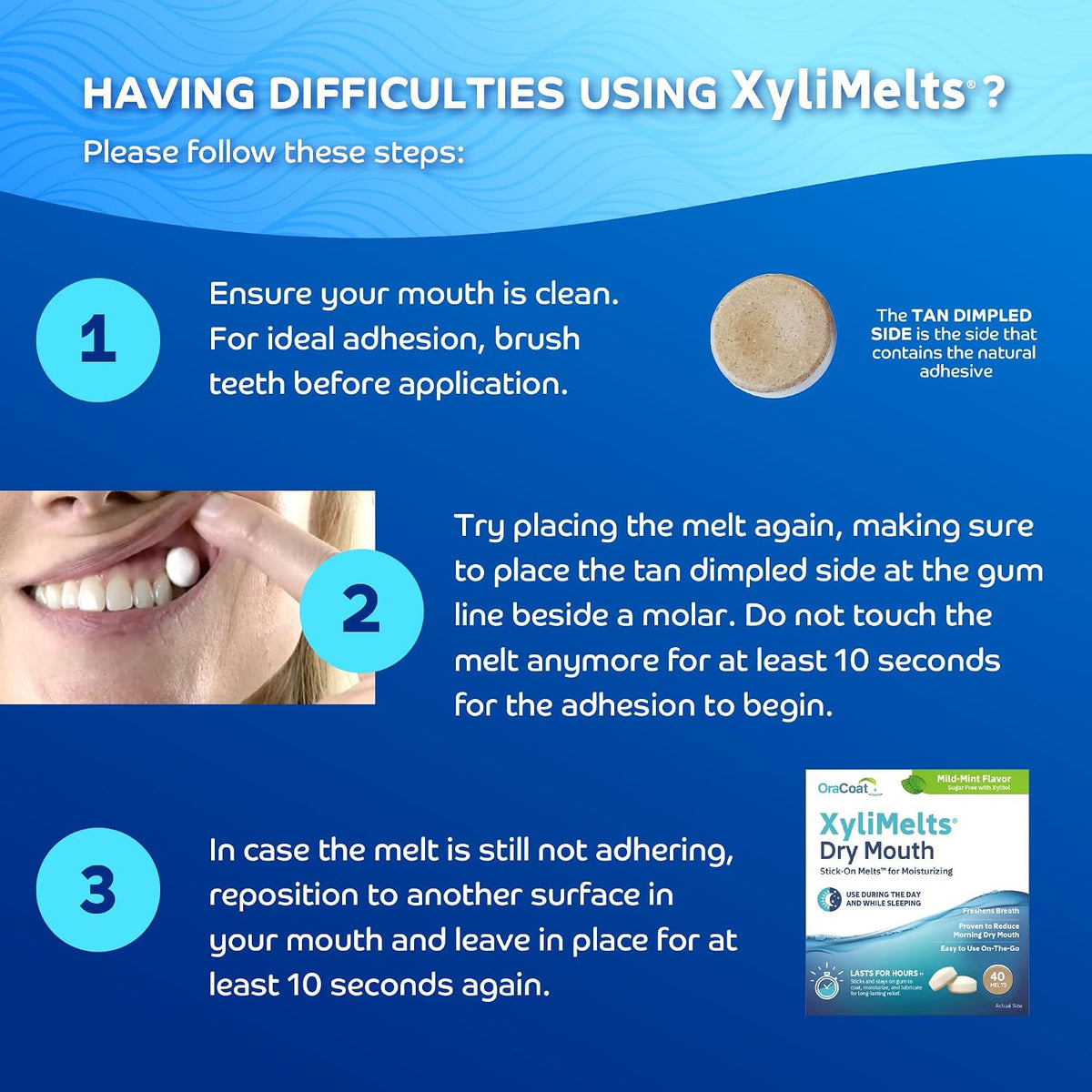 Oracoat XyliMelts for Dry Mouth Night Time or Day - Moisturizing Dry Mouth Adhering Discs, Sugar Free with Xylitol, 40 Count, Mild Mint Flavor, 8-Hour Relief