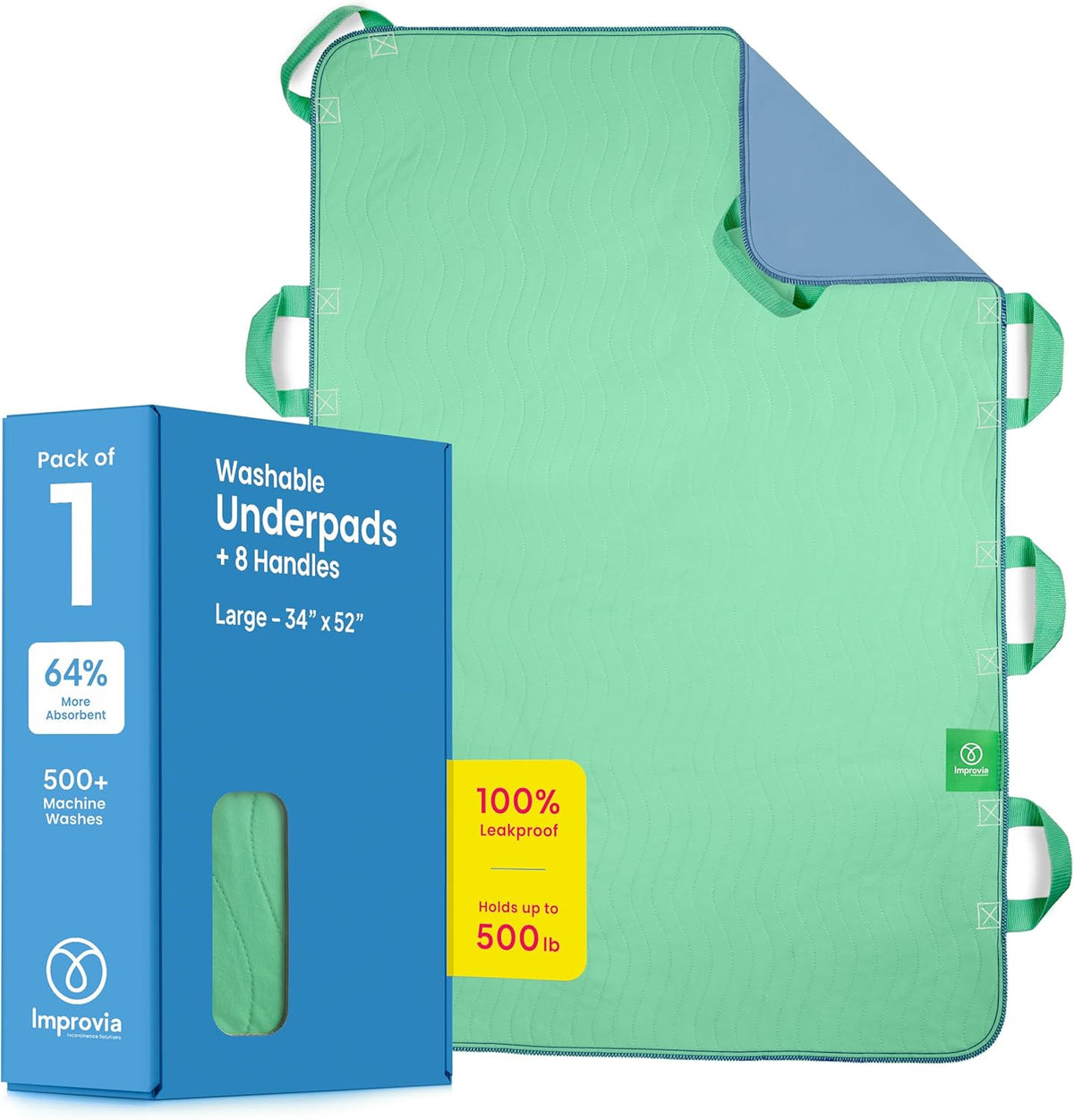 Improvia Positioning Bed Pad, with 8 Reinforced Handles, Quick-Drying, Washable, Waterproof, for Lifting, Turning, Transfering, Elderly and Incontinence Patients (Green, 34" x 52" - Pack of 1)