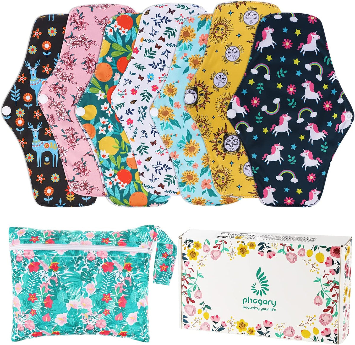 PHOGARY Reusable Menstruation Pads, Washable Night Pads for Abundant Menstrual Flow, Cotton Liner with Wings for Night, Sports and Postpartum Care, 26 CM