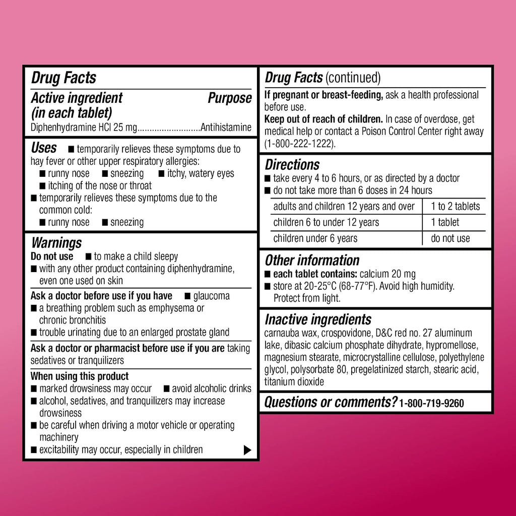 Amazon Basic Care Allergy Relief Diphenhydramine HCl 25 mg, Antihistamine Tablets for Symptoms Due to Hay Fever and Upper Respiratory Allergies, Mini-Tabs, 100 Count
