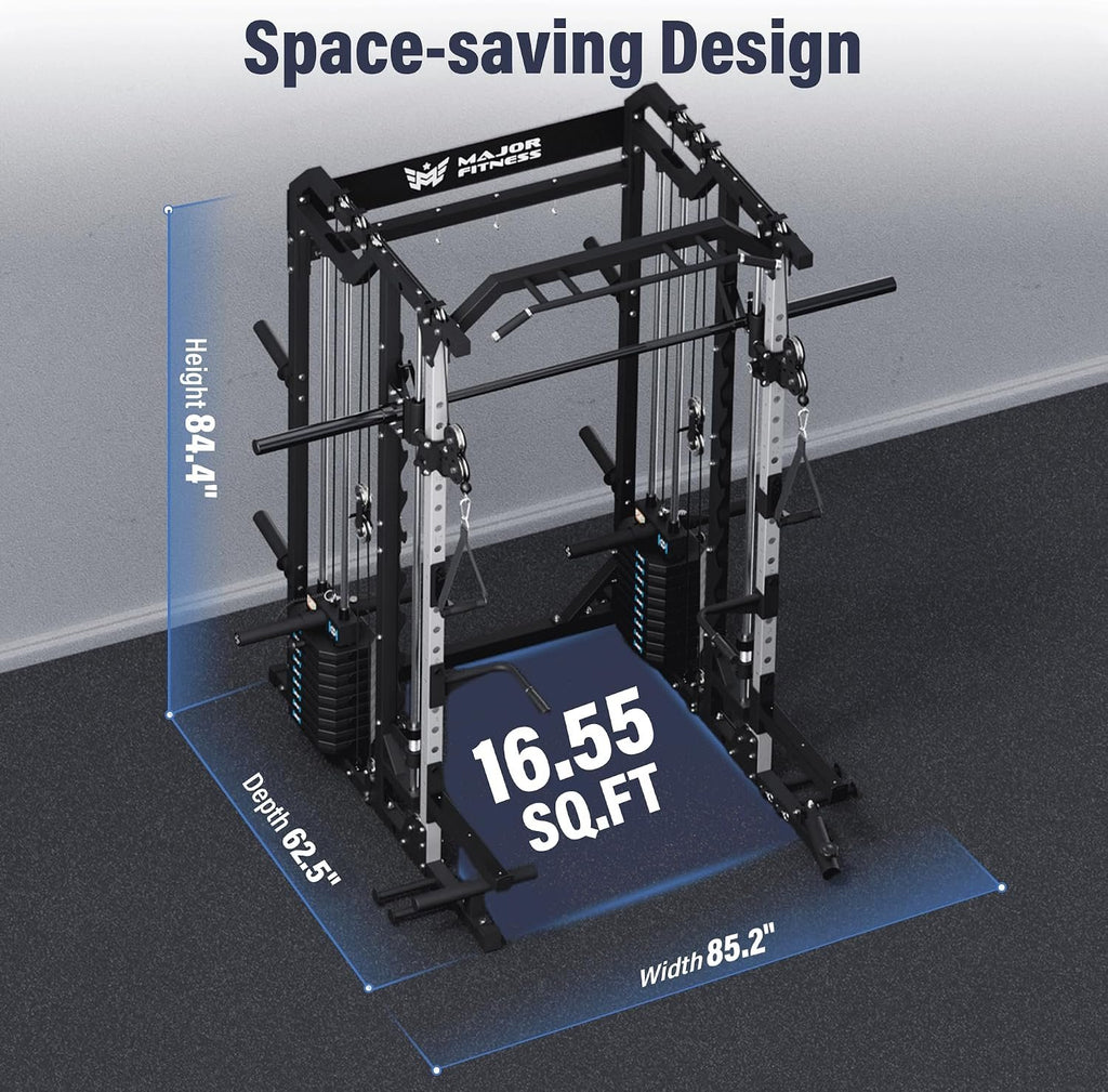 Major Fitness Drone2 Advanced Training Smith Machines– All-in-One Home Gym Squat Rack with Aluminum Pulley Set , Weight Bar, Dual LAT Pull-Down Systems & Cable Crossover Machine for Full-Body Workouts