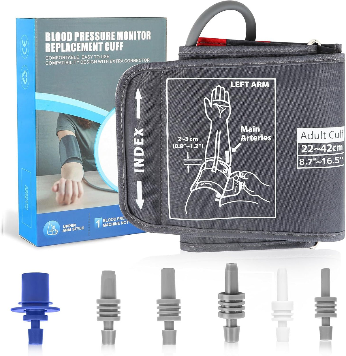 9"-17" Blood Pressure Cuff Arm, Wide-Range Standard/Medium to Large Replacement Cuff Fits M&L Size Arms, 6 Sizes of Connectors Compatible with Omron and Other Brand BP Machines (BP Cuff Included Only)