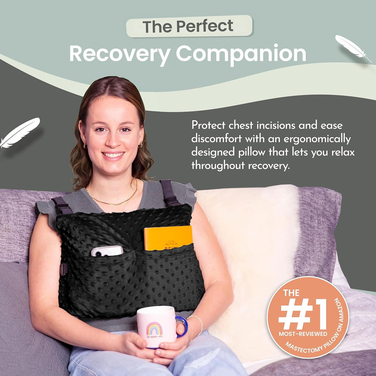 MOYOAMA Post Mastectomy Pillow - Recovery After Breast Cancer Surgery, Breast Augmentation - Lightweight Post Surgery Pillow with 4 Built-in Pockets to Support Healing - Breast Cancer Gifts for Women