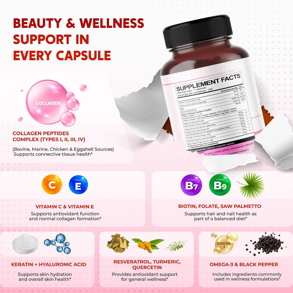 Collagen Biotin Supplement, 10000 mcg Biotin with Collagen Peptides, Hyaluronic Acid, Keratin, Resveratrol & Saw Palmetto, Skin Hair Nails & Joint Support*, 150 Capsules, Non-GMO